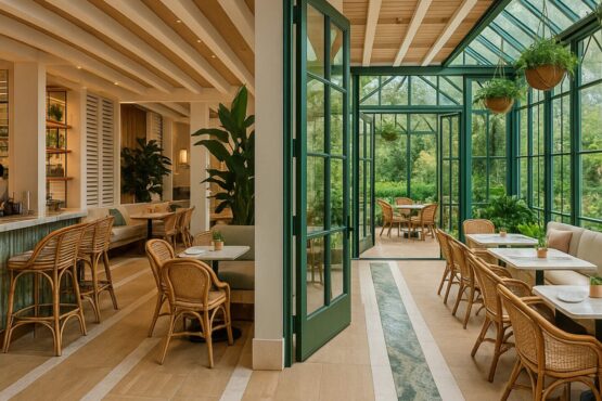 dining-section A bright, elegant café or restaurant with natural light streaming through glass walls and a glass ceiling. The interior features green-framed windows and doors, rattan chairs, marble-topped tables, and lush green plants throughout. Hanging baskets of greenery add a fresh touch, and the overall atmosphere is warm, airy, and inviting.