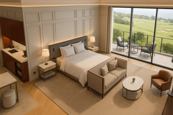 intro-section Elegant Hawthorn hotel suite featuring a large bed with crisp white linens, a sitting area with a sofa and armchair, and floor-to-ceiling windows leading to a balcony overlooking a lush golf course.