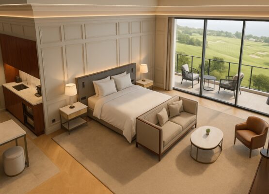 Elegant Hawthorn hotel suite featuring a large bed with crisp white linens, a sitting area with a sofa and armchair, and floor-to-ceiling windows leading to a balcony overlooking a lush golf course.