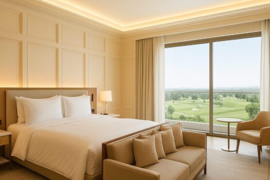 stay-section Elegant hotel room featuring a large bed with crisp white linens, a beige sofa at the foot of the bed, a modern armchair and small round table near floor-to-ceiling windows overlooking a scenic golf course.