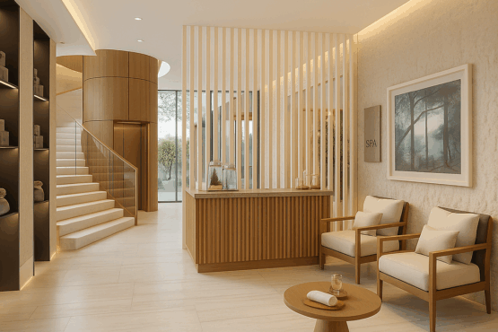 th-spa-reception A calm, modern spa reception area with light wood accents, a minimalist front desk, two cushioned armchairs, a small round table, and a staircase leading to an upper level.